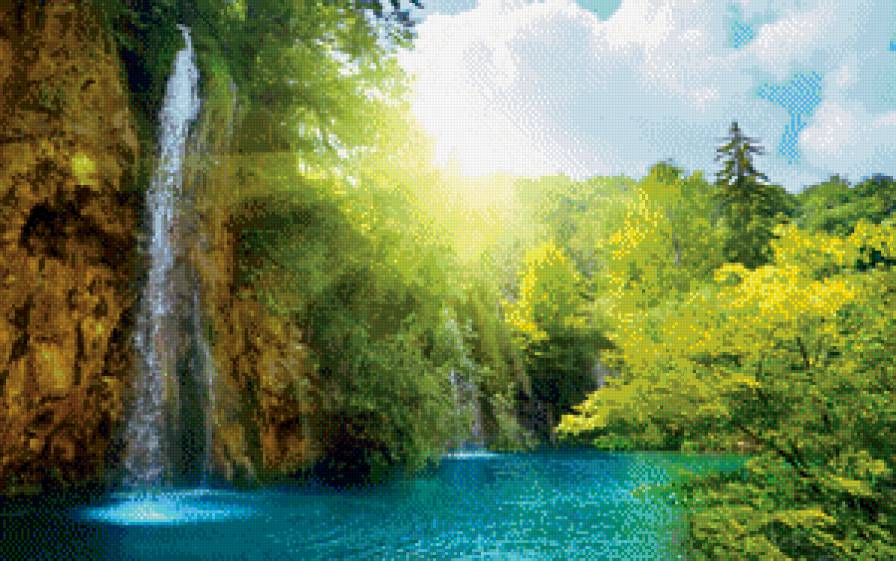 Водопад - водопад, лучи, солнце, озеро, лес - предпросмотр