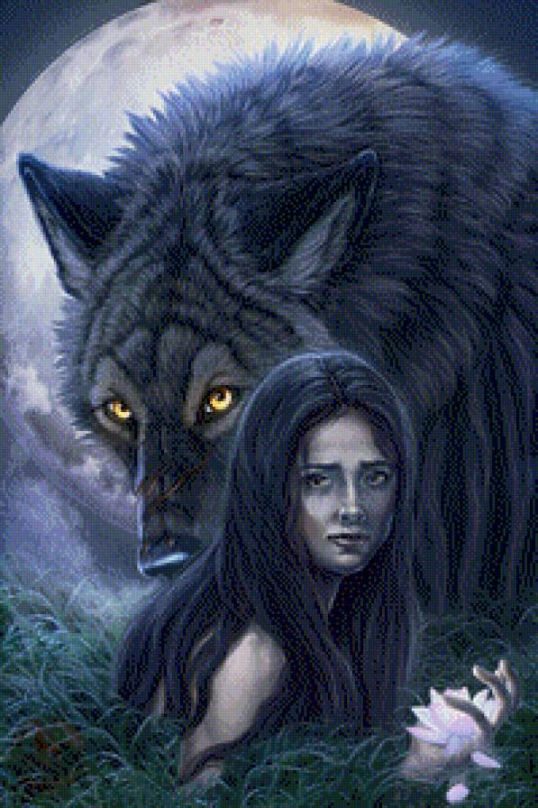 в лунном сиянье... - фэнтези, хищник, ночь, женщина, черный волк, девушка, луна, волк - предпросмотр