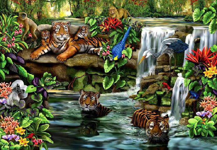 тигры у водопада - тигры - оригинал