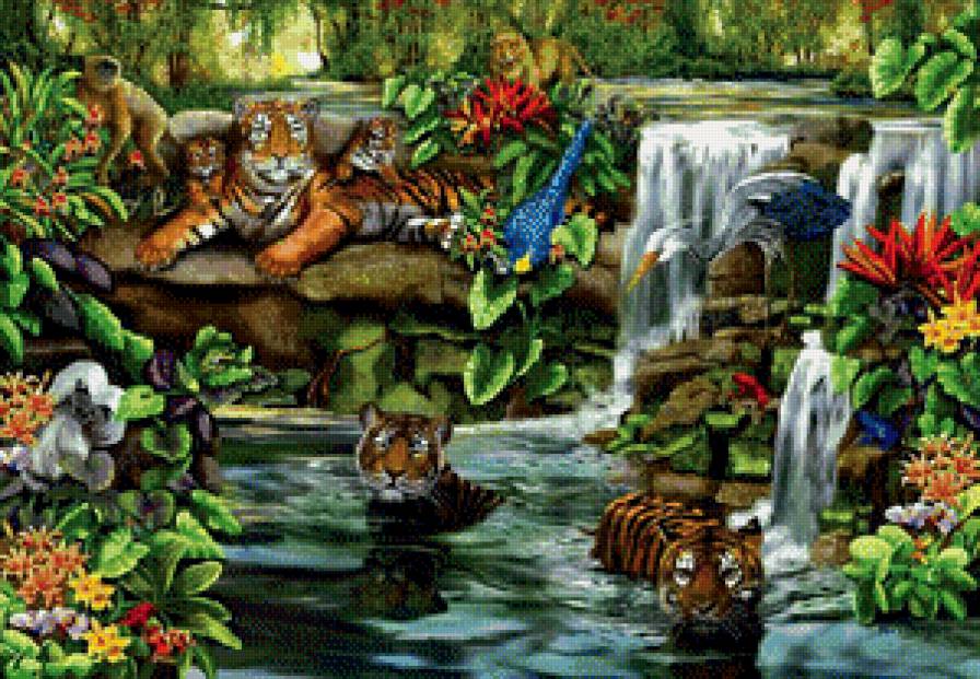 тигры у водопада - тигры - предпросмотр