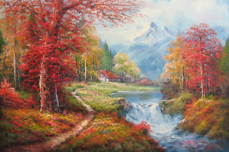 Серия "Пейзажи" - река, домик, осень, пейзаж, горы - оригинал
