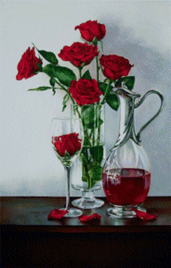 Натюрморт с розами - бокал, натюрморт, вино, цветы, розы - предпросмотр