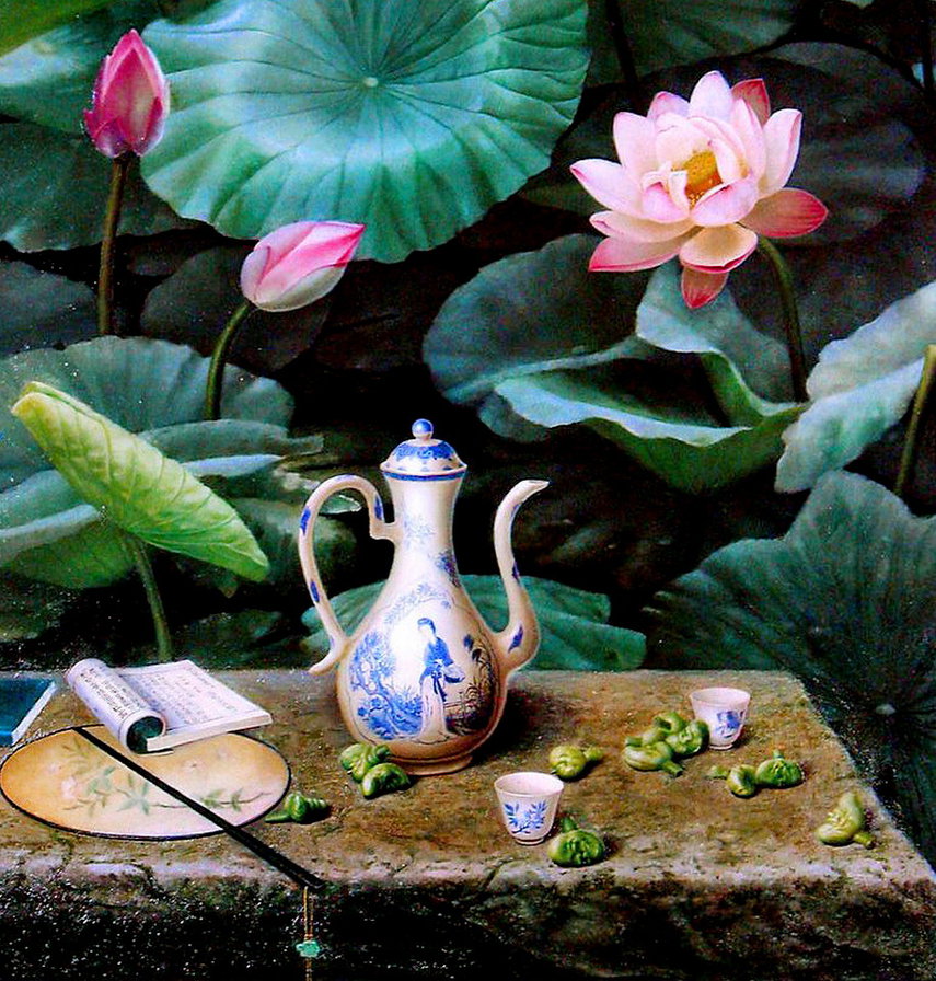 китайская живопись - веер, чаепитие, япония, лотос, восток, чай, картина, чайник - оригинал