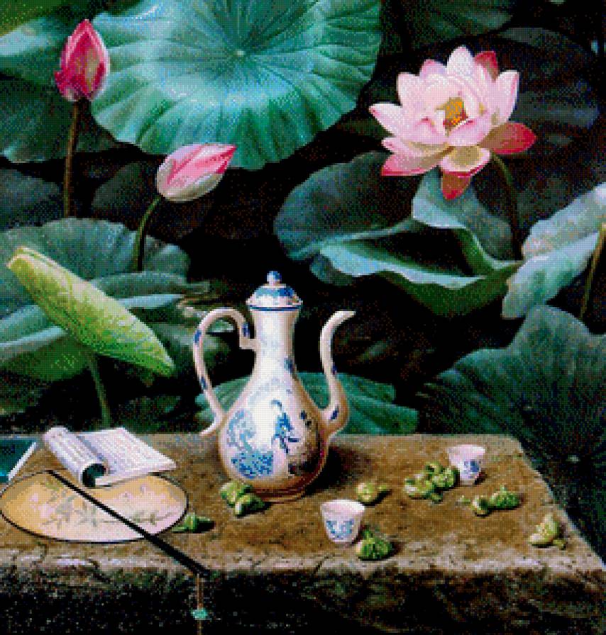китайская живопись - чайник, чаепитие, картина, восток, япония, чай, веер, лотос - предпросмотр