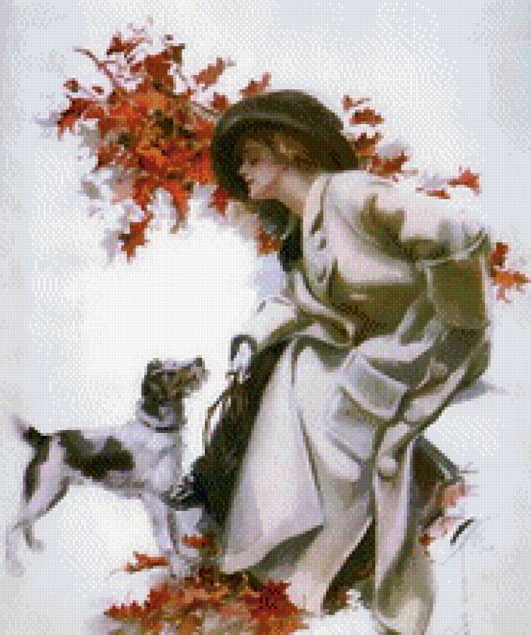 Осень - собака, листья, осень, девушка - предпросмотр