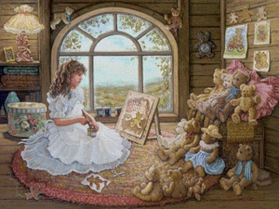 Девочка и мишки - девочка, картина, мишка, игрушки - предпросмотр