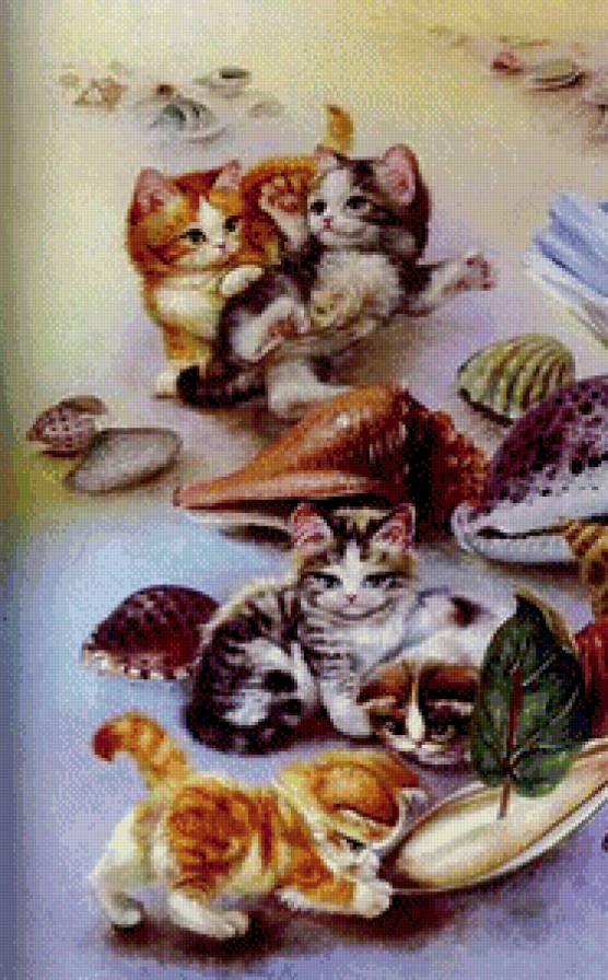 котята у моря часть 1 - корзина, живопись, ракушка, картина, котенок, кот - предпросмотр