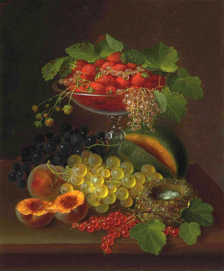 Натюрморт с виноградом - персики, клубника, виноград, смородина, ягоды, натюрморт - оригинал