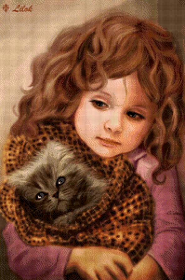 Девочка с котенком - девочка, животные, дети, детская, коты - предпросмотр