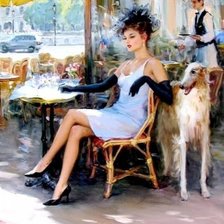 дама в кафе с собакой