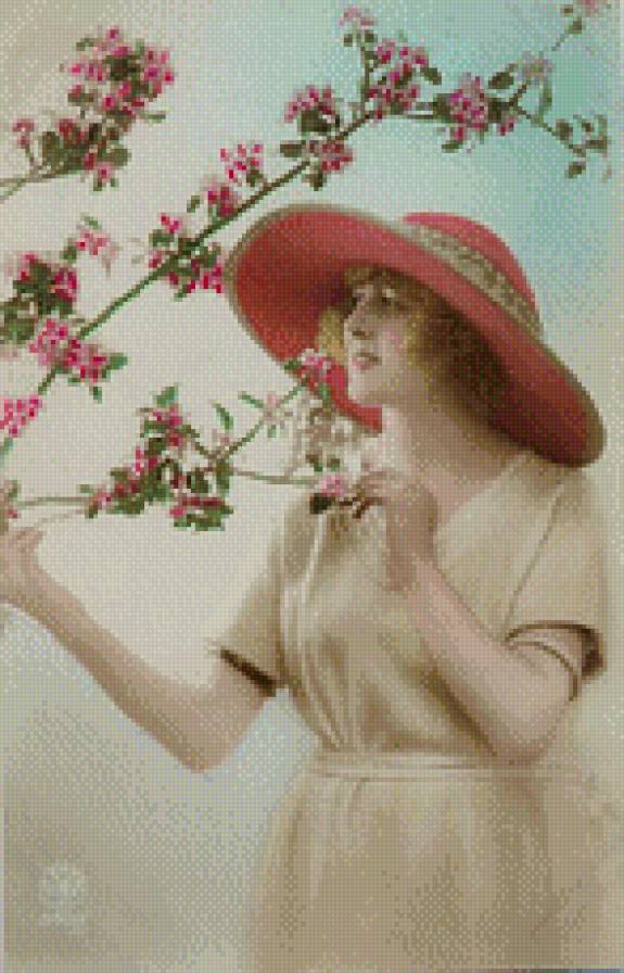 Девушка - картина, девушка, шляпа, дама, цветы - предпросмотр