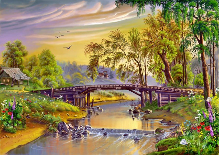 мост над рекой - речка, дом, пейзаж, мост - оригинал