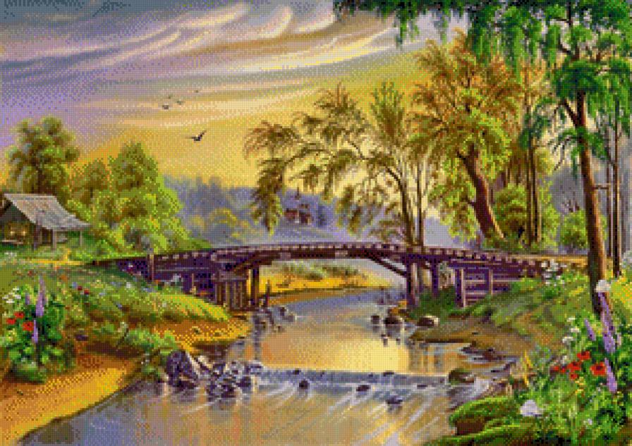 мост над рекой - мост, пейзаж, речка, дом - предпросмотр