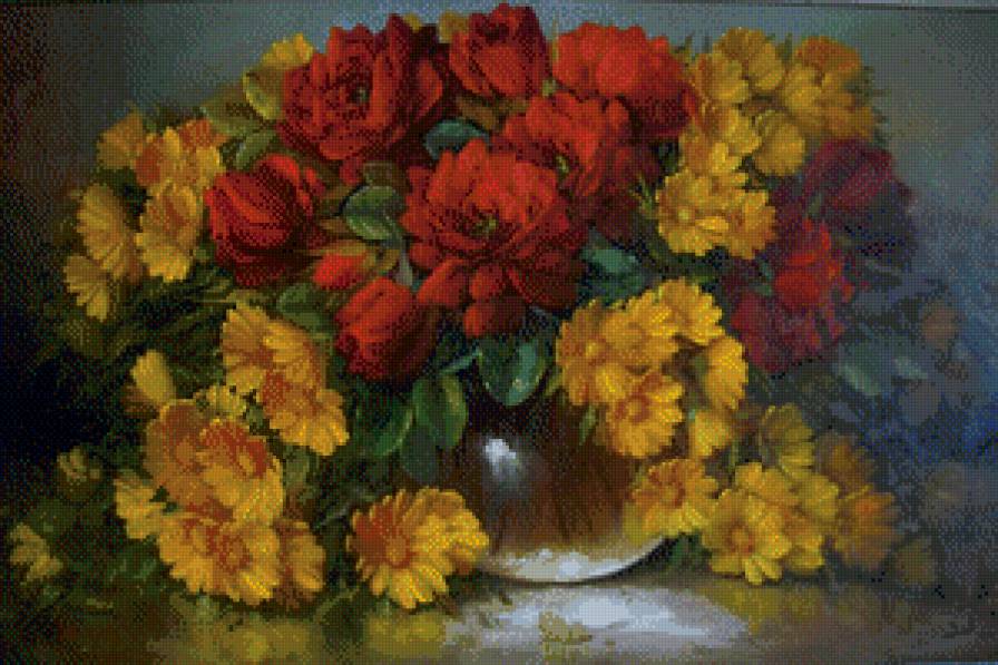 Серия "Букет" - хризантемы, розы, цветы, букет - предпросмотр
