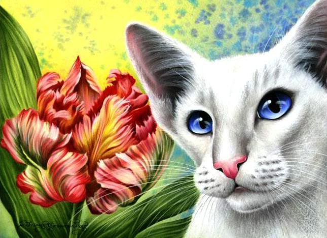 Кошка и Цветы - кот, пейзаж, цветы, картина, животное, кошка - оригинал