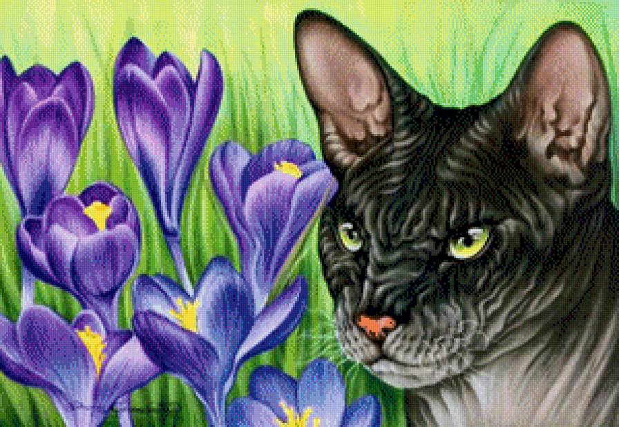 Кошка и Цветы - кот, цветы, животное, кошка, картина, пейзаж - предпросмотр