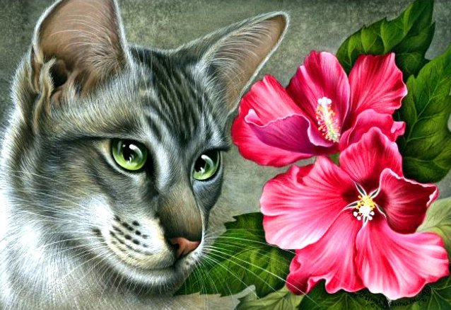 Кошка и Цветы - кошка, животное, пейзаж, картина, кот, цветы - оригинал