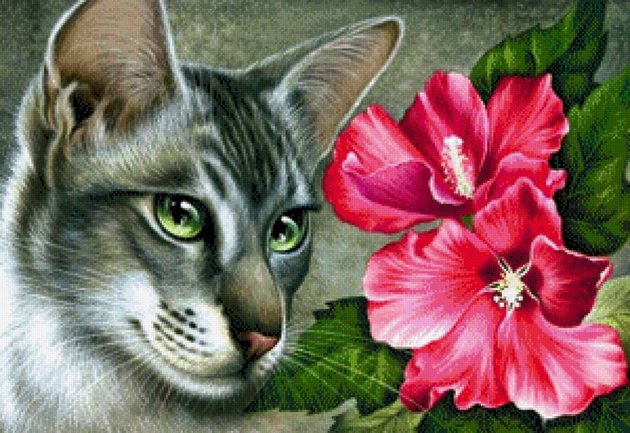 Кошка и Цветы - кот, пейзаж, картина, цветы, кошка, животное - предпросмотр