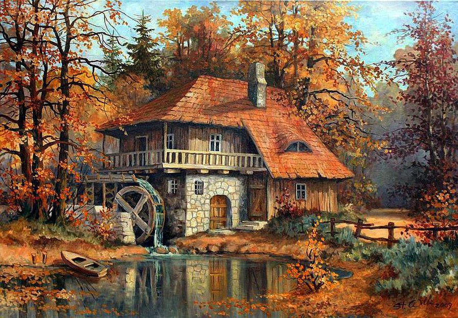 Багряная осень - пейзаж, осень, дом, мельница, озеро - оригинал
