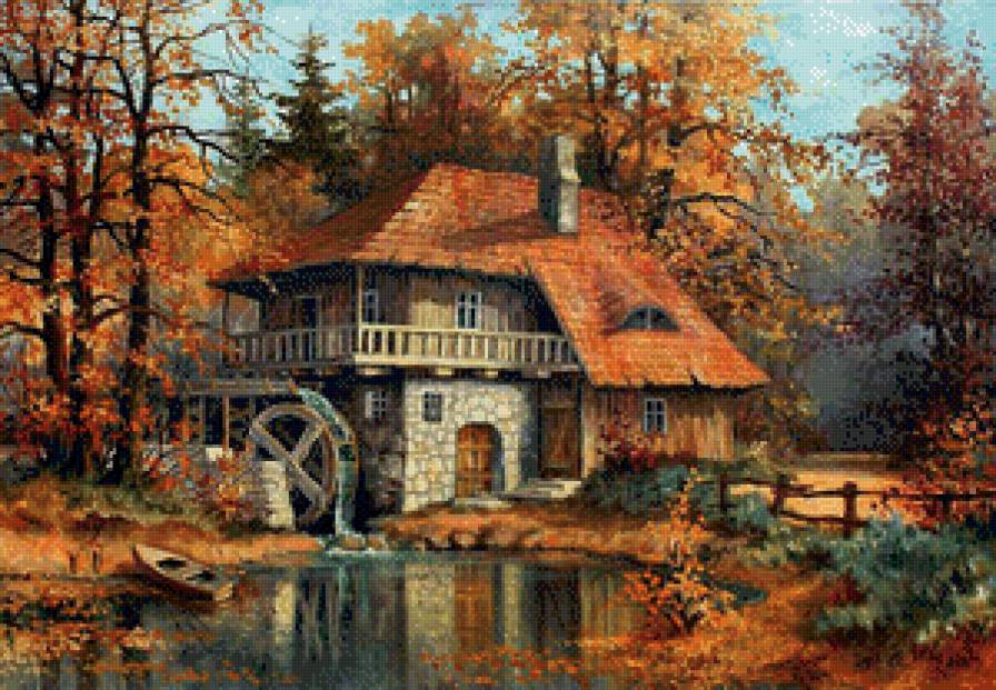 Багряная осень - дом, осень, озеро, мельница, пейзаж - предпросмотр