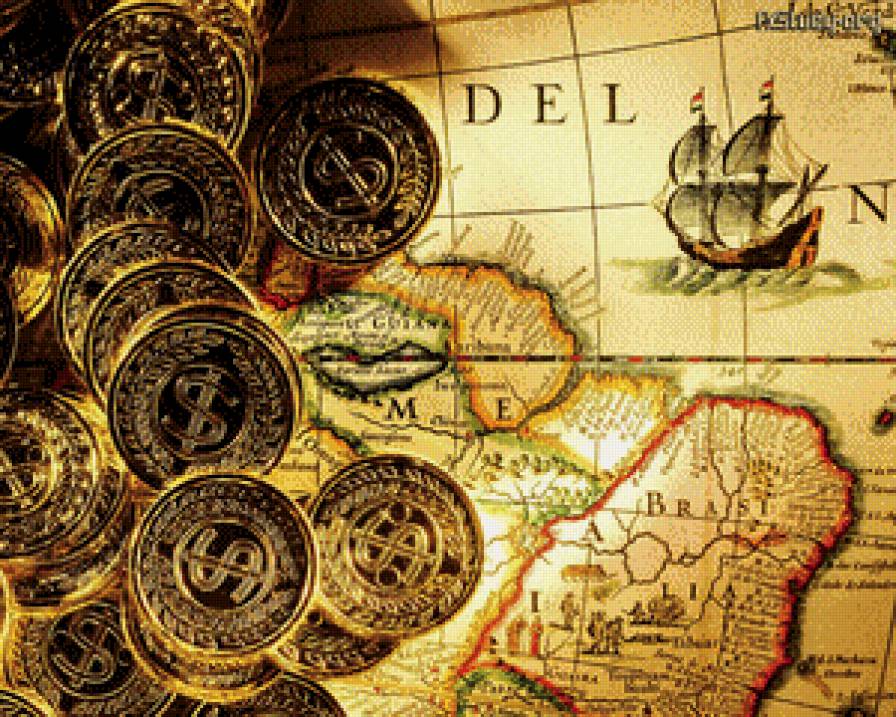 Карта Острова сокровищ. - карта, остров сокровищ, монетки, символы, богатство - предпросмотр