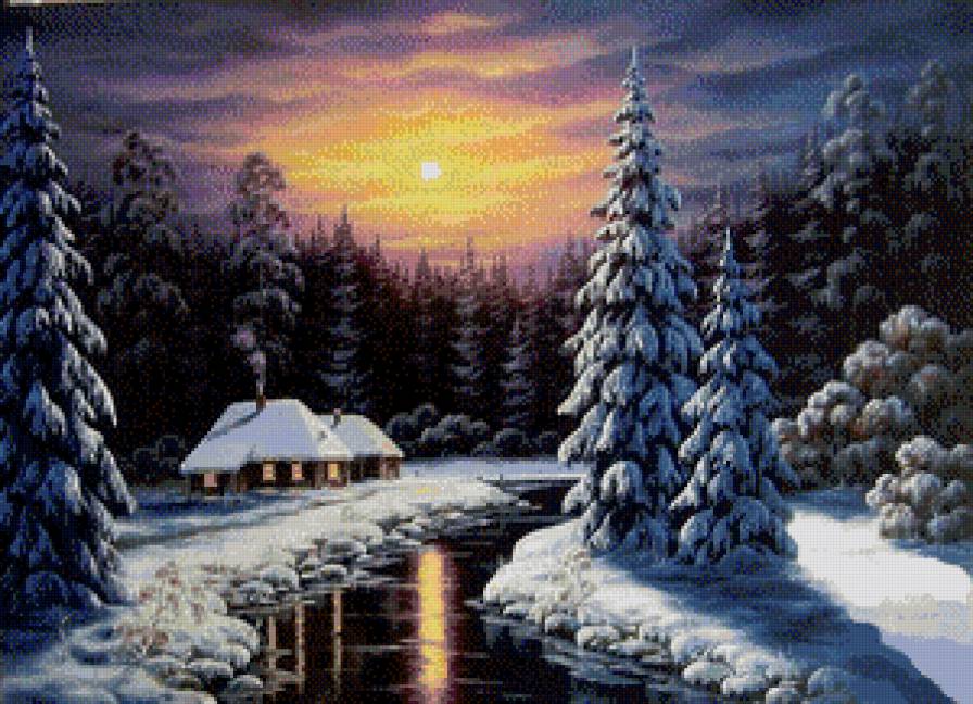 зимняя ночь - зима, пейзаж, лес, домик, ели, природа - предпросмотр