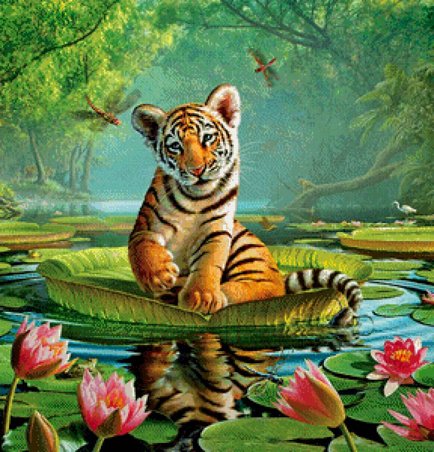 тигренок на лотосе - цветы, пруд, вода, джунгли, живопись, тигр, хищник, стрекоза - предпросмотр