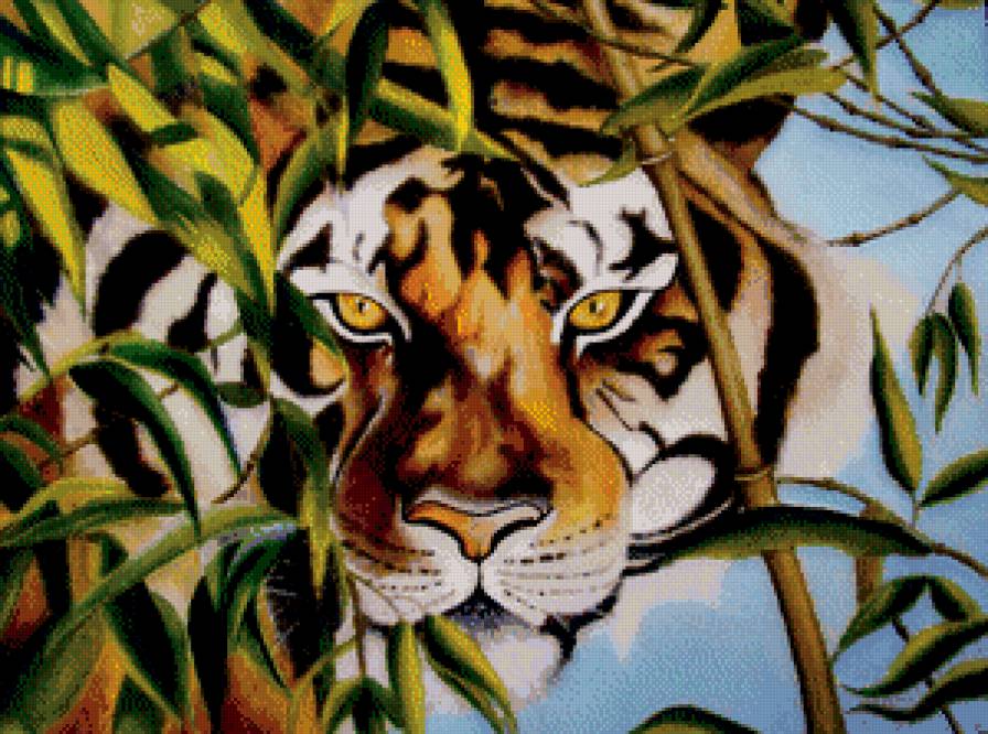 взгляд хищника - живопись, тигр, листья, хищник, природа, взгляд - предпросмотр