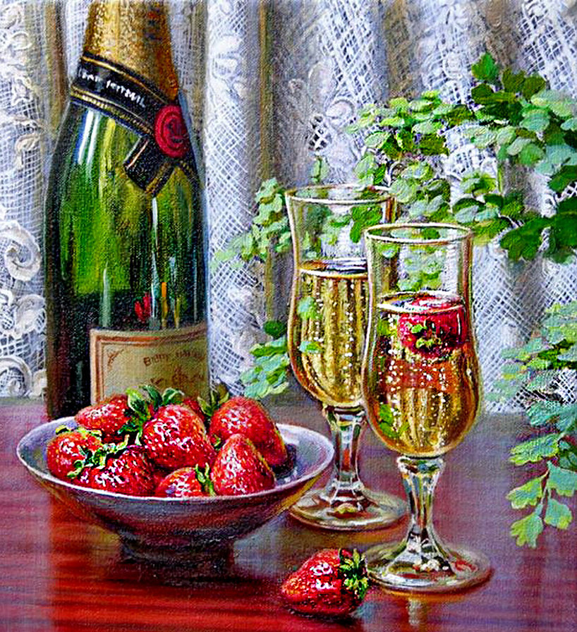 клубника в шампанском - бутылка, бокал, натюрморт, ваза, вино, живопись, ягода, цветы, романтика - оригинал