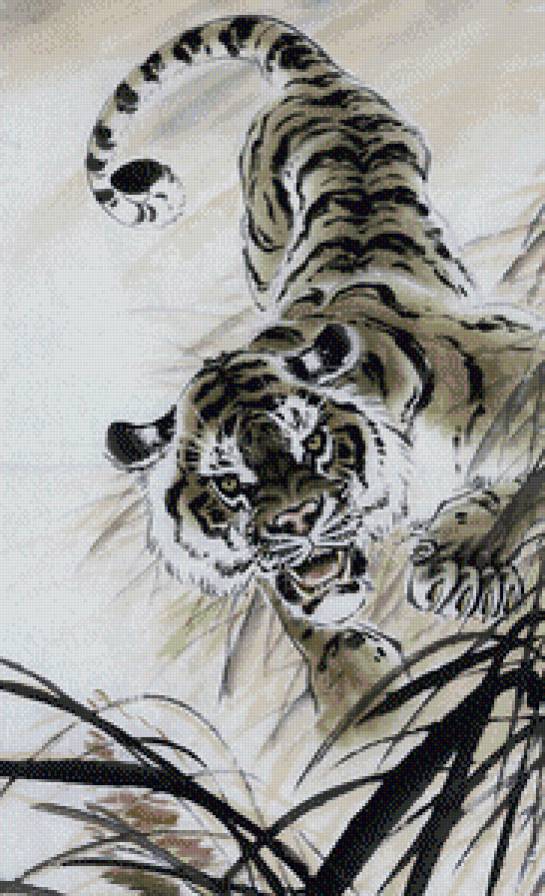 китайская живопись - восток, тигр, хищник - предпросмотр