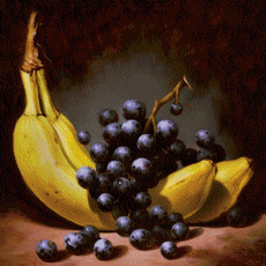 картина на кухню - виноград, банан, фрукты, натюрморт, живопись - предпросмотр