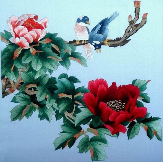 Птицы в пионах - цветы, азия, восток, птицы, пейзаж - оригинал