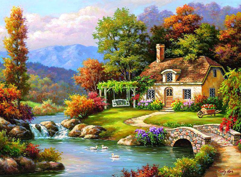 Осенний пейзаж - мечта, осень, река, пейзаж, мостик, домик - оригинал