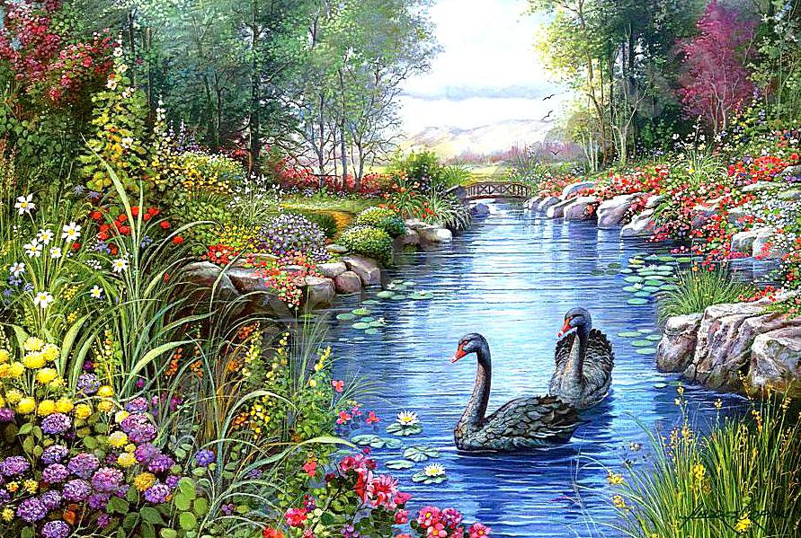Черные лебеди - лебеди, цветы, птицы, парк, пейзаж, река - оригинал