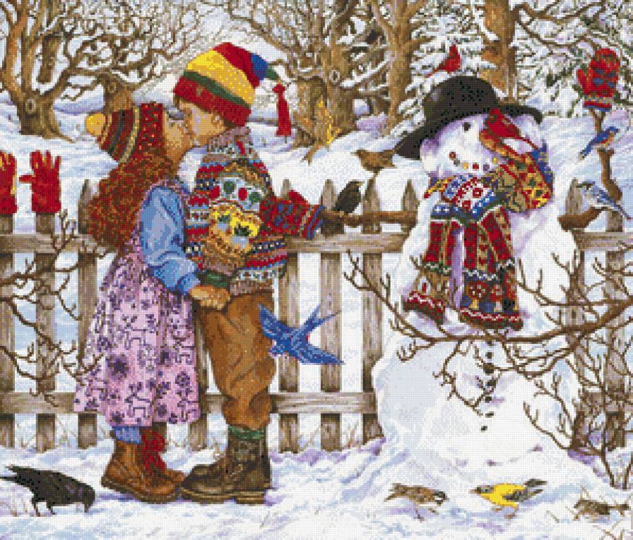 первый поцелуй - снеговик, зима, дети - предпросмотр