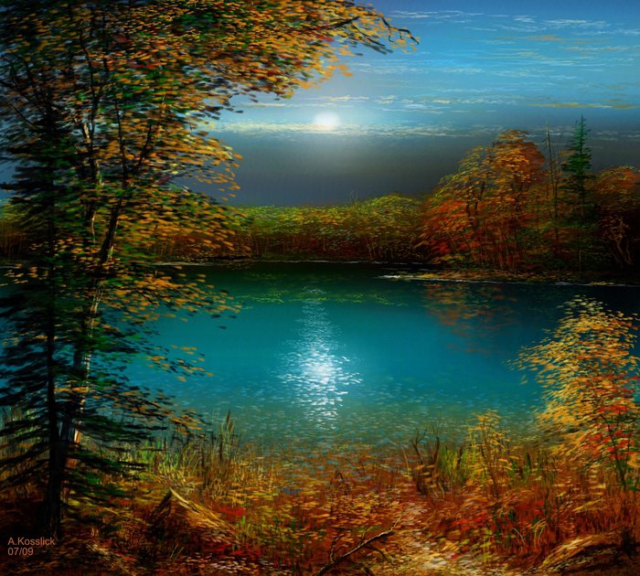 ночной пейзаж - лес, природа, пейзаж, озеро - оригинал