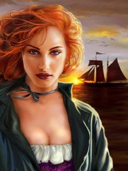 Рыжая на закате - корабль, девушка, море - оригинал