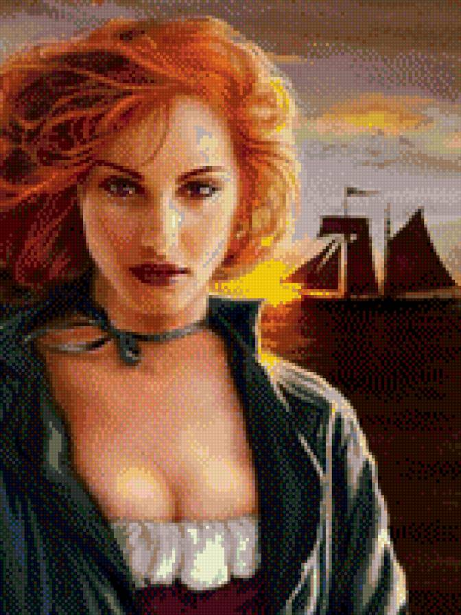 Рыжая на закате - корабль, девушка, море - предпросмотр