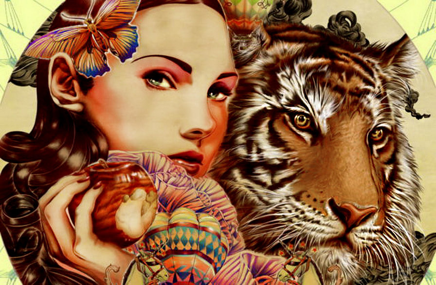 девушка и тигр - живопись, яблоко, бабочка, пара - оригинал