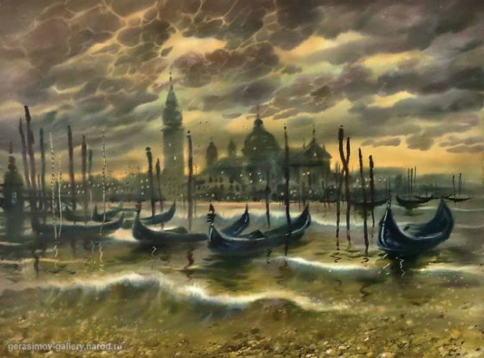 венеция - лодки, живопись, венеция, пейзаж, акварель - оригинал