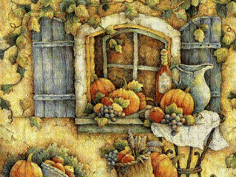 дачная идилия - дача, осень, сад, картина, фрукты, дом - предпросмотр