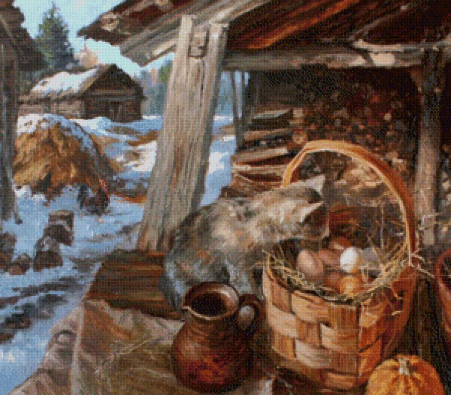 деревенька - картина, зима, котенок, живопись, деревня - предпросмотр