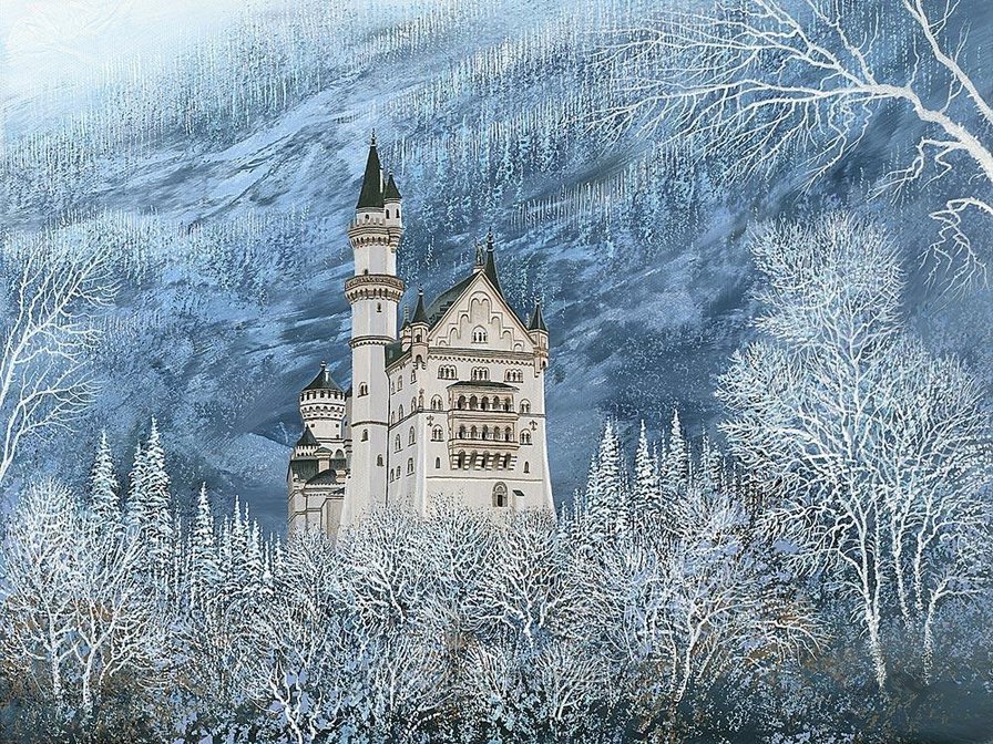 старый замок - горы, нойшванштайн, лес, зима, пейзаж, замок, снег - оригинал