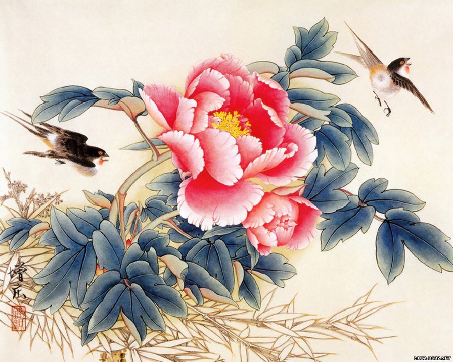 Японская живопись - восток, пейзаж, азия, цветы, птицы - оригинал