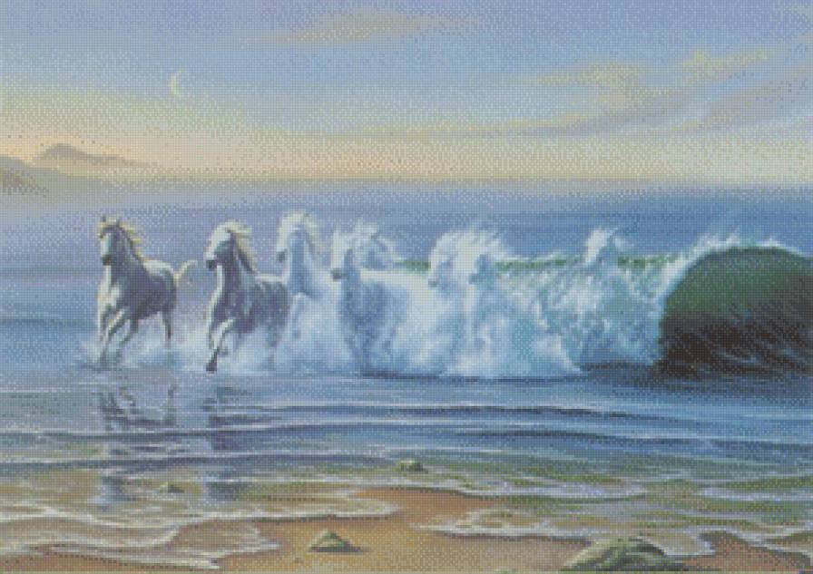 рожденные из пены - пейзаж, море, лошади, табун, волны, кони - предпросмотр