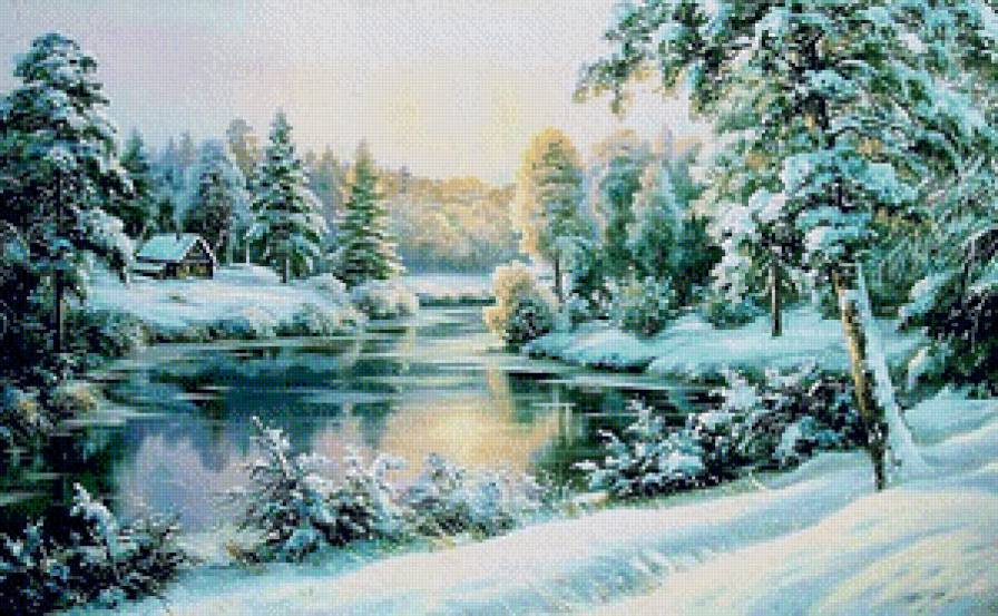 Зимний пейзаж - зима, река, пейзаж, домик - предпросмотр