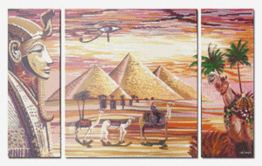 триптих египет - фараон, верблюды, египет, пирамиды - предпросмотр