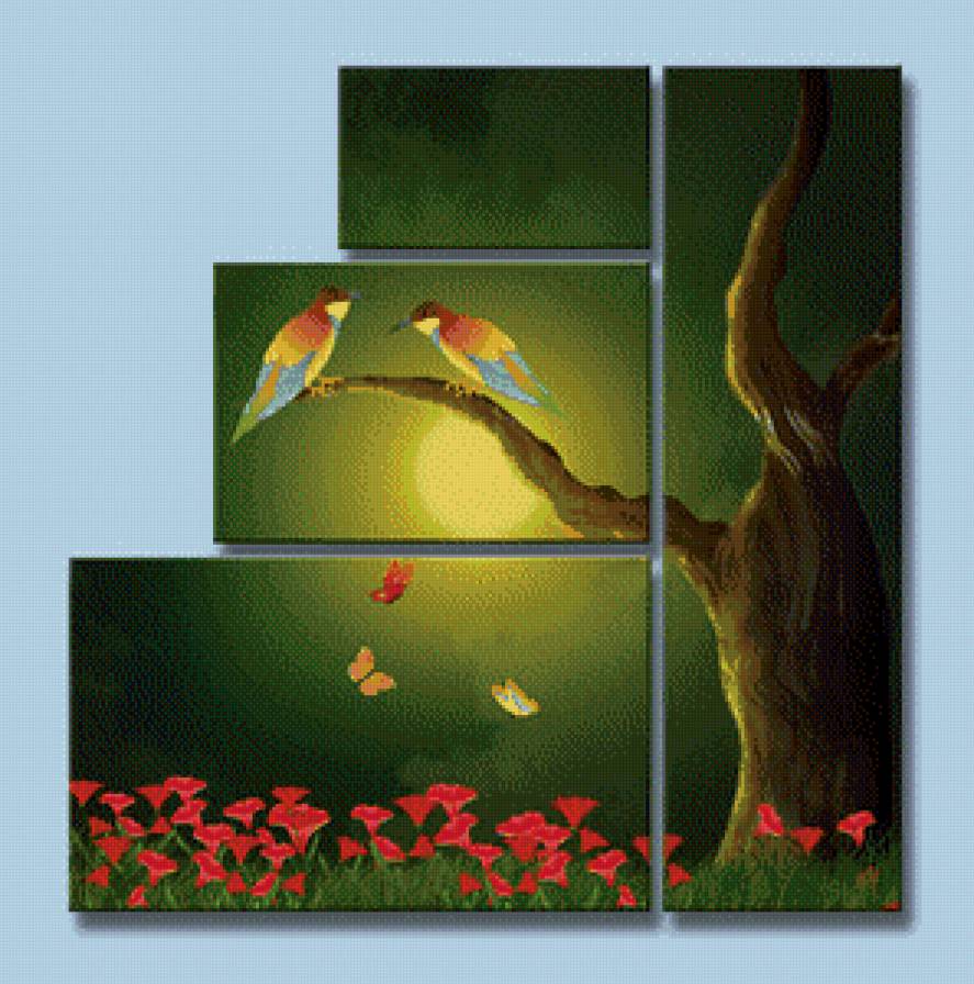 триптих райские птички - птицы, природа, бабочки, цветы, дерево - предпросмотр