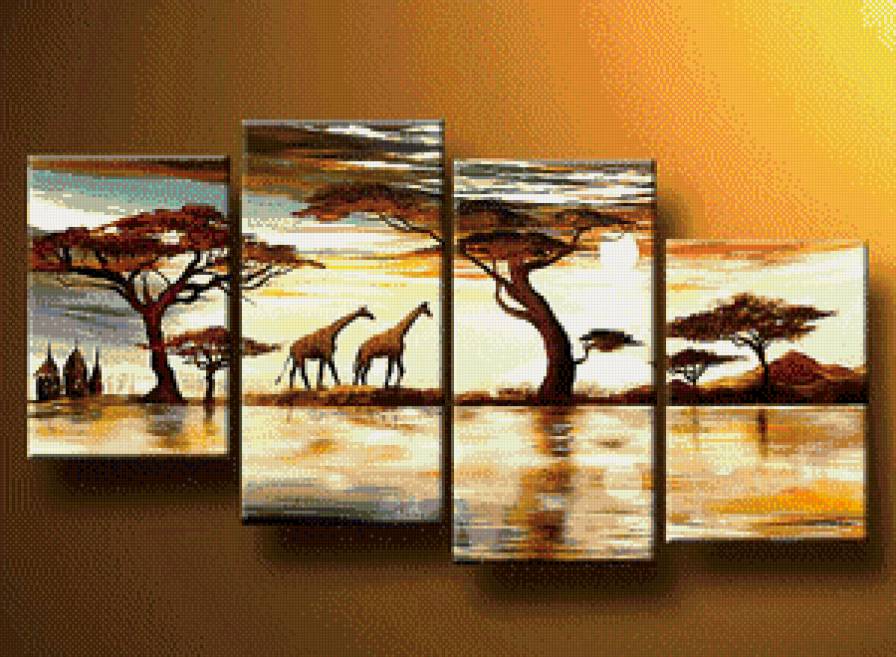 триптих африка - деревья, жирафы, природа - предпросмотр