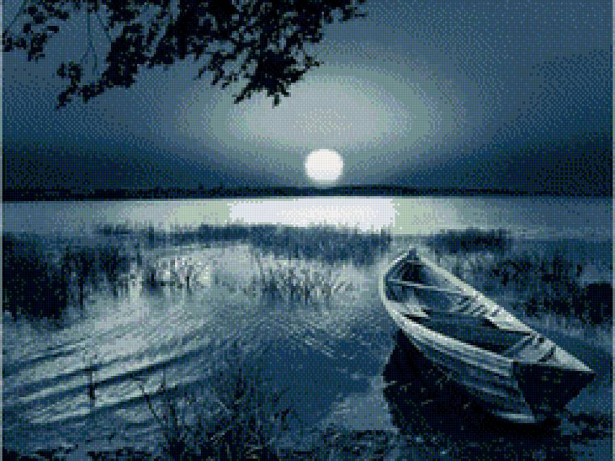Полнолуние - полнолуние, озеро, луна, лодка, спокойствие - предпросмотр